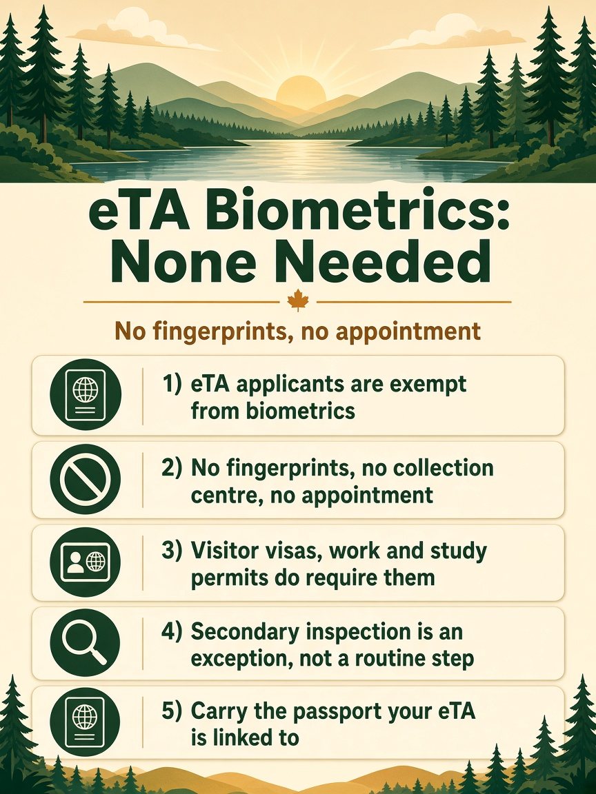 Infographic on Canada eTA biometrics and fingerprints, explaining that eTA applicants are exempt and how this differs from visitor visas, work permits and study permits.